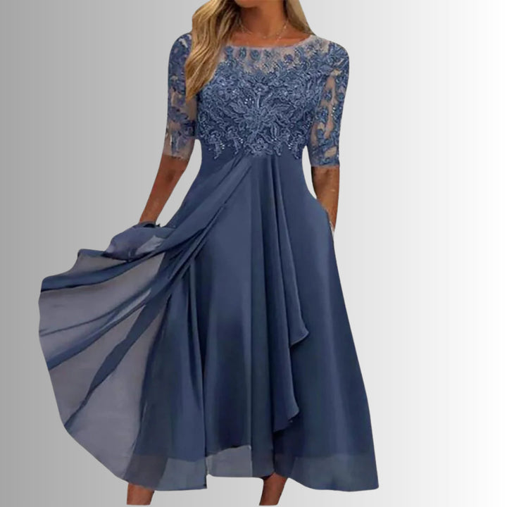 Plus Size Damen Spitzenkleid Elegant Midi A-Linie Langarm - Blue