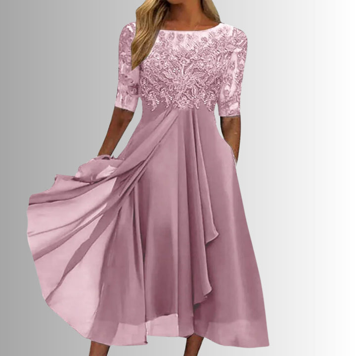 Plus Size Damen Spitzenkleid Elegant Midi A-Linie Langarm - Pink