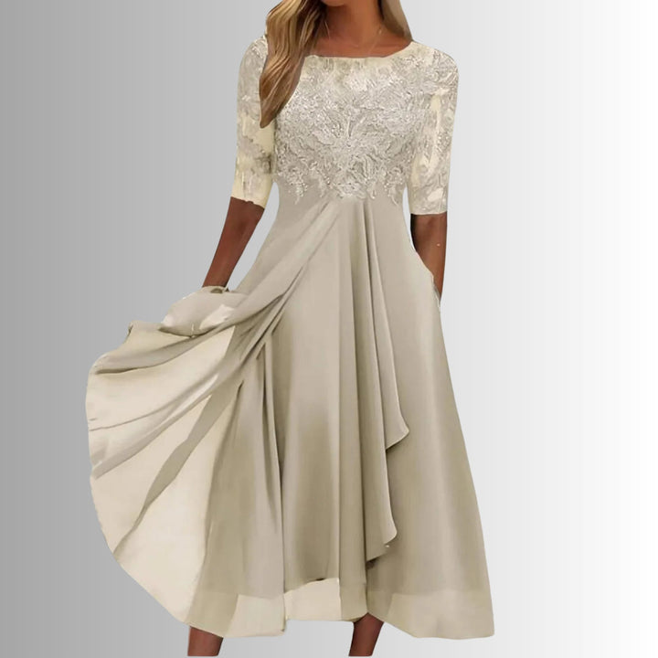 Plus Size Damen Spitzenkleid Elegant Midi A-Linie Langarm - Cream