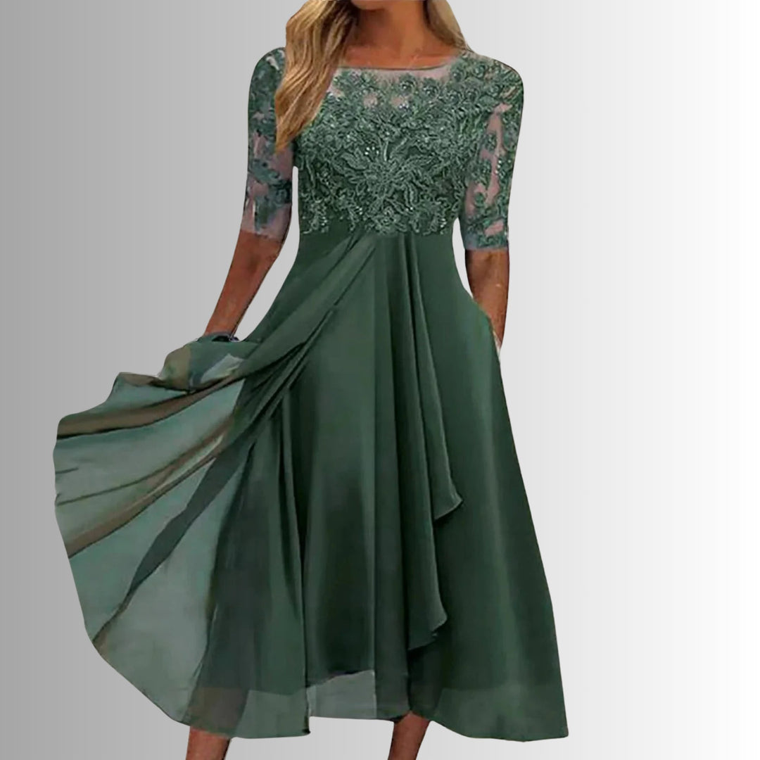 Plus Size Damen Spitzenkleid Elegant Midi A-Linie Langarm - Green
