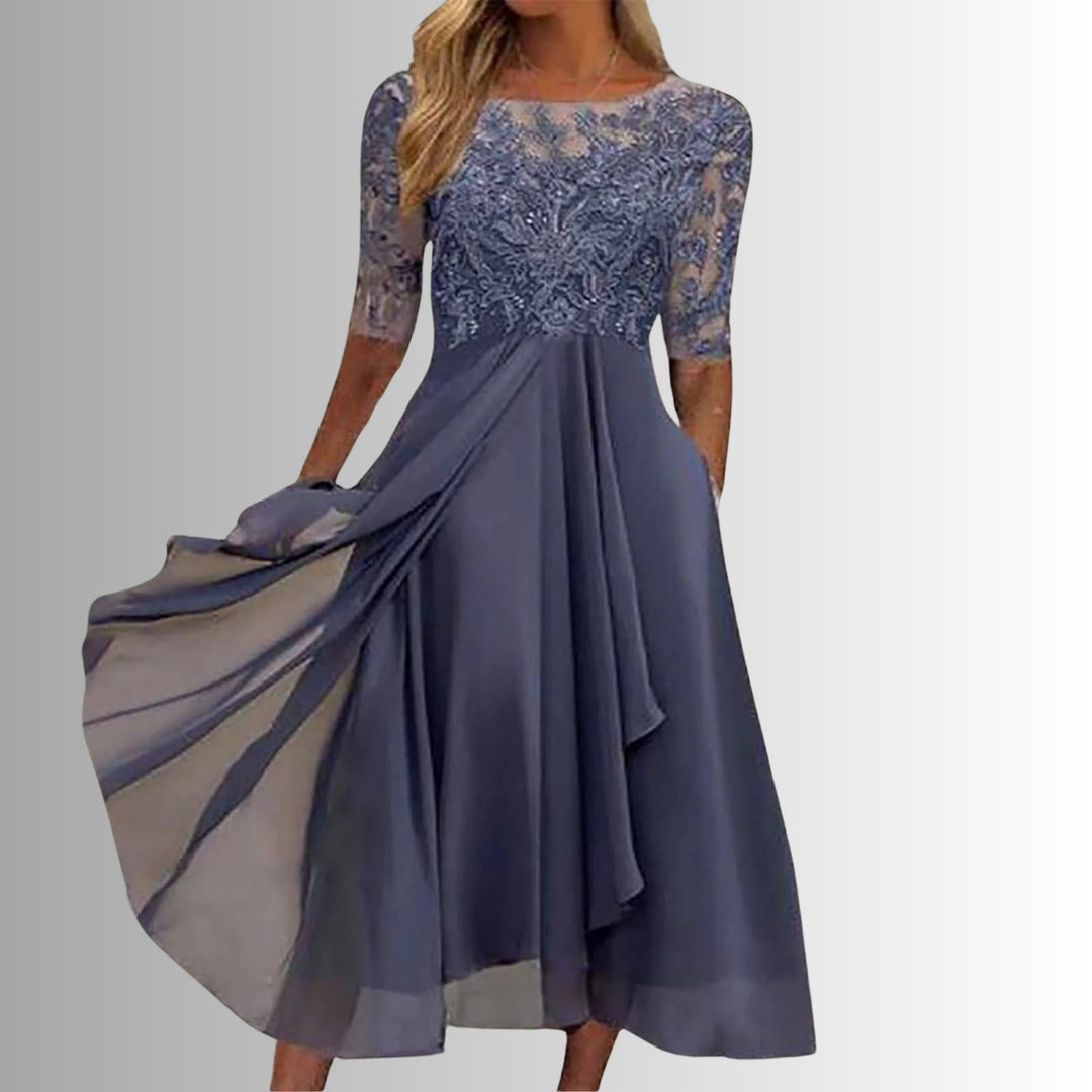 Plus Size Damen Spitzenkleid Elegant Midi A-Linie Langarm - Purple
