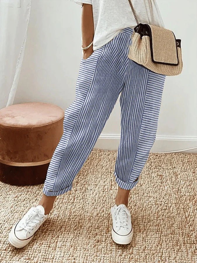 Plus Size Gestreifte Hose Entspannt Elastischer Bund - Blue (Almost sold out)