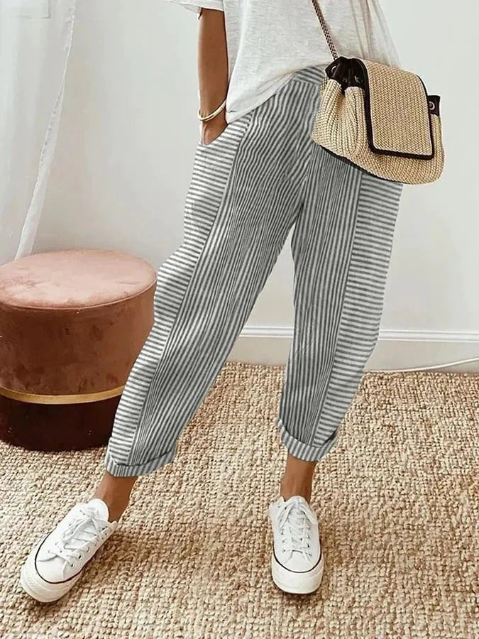 Plus Size Gestreifte Hose Entspannt Elastischer Bund - Light Gray (Almost sold out)