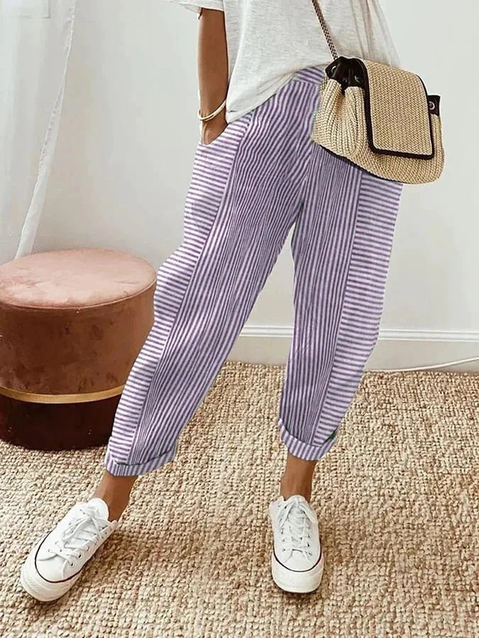Plus Size Gestreifte Hose Entspannt Elastischer Bund - Purple