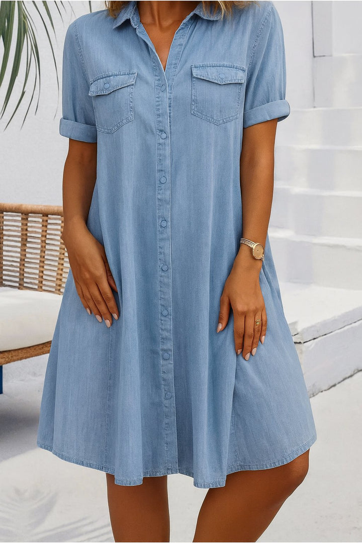 Plus Size Jeanskleid Hemdkleid Knöpfen Leicht Casual - Light blue