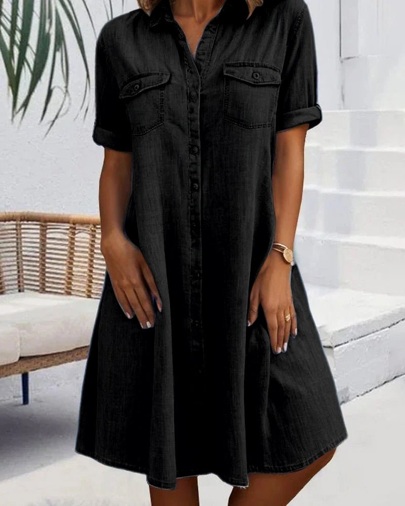 Plus Size Jeanskleid Hemdkleid Knöpfen Leicht Casual - Black