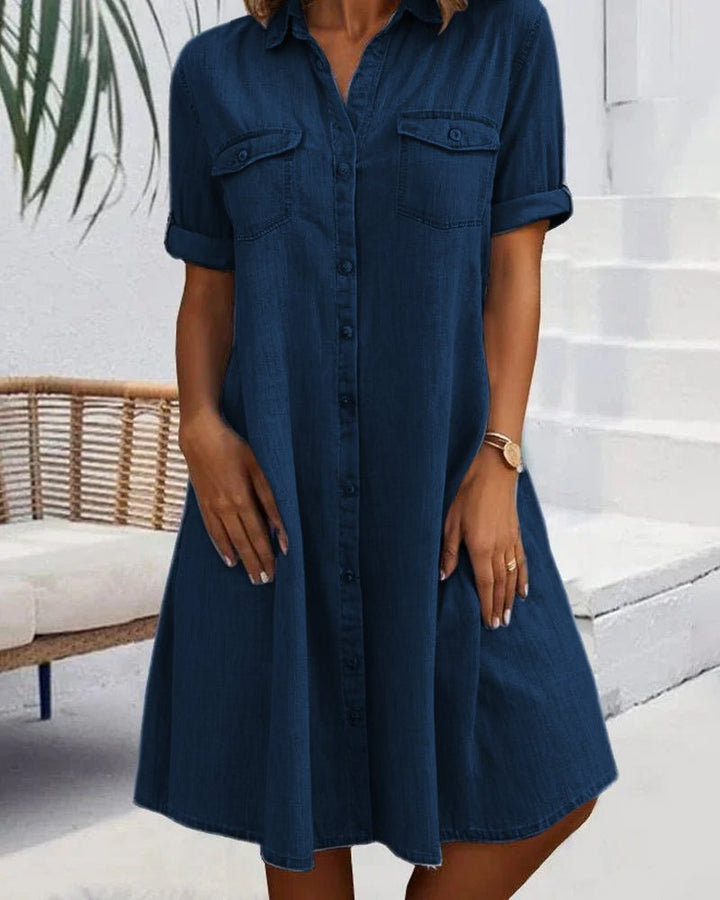 Plus Size Jeanskleid Hemdkleid Knöpfen Leicht Casual - Dark blue