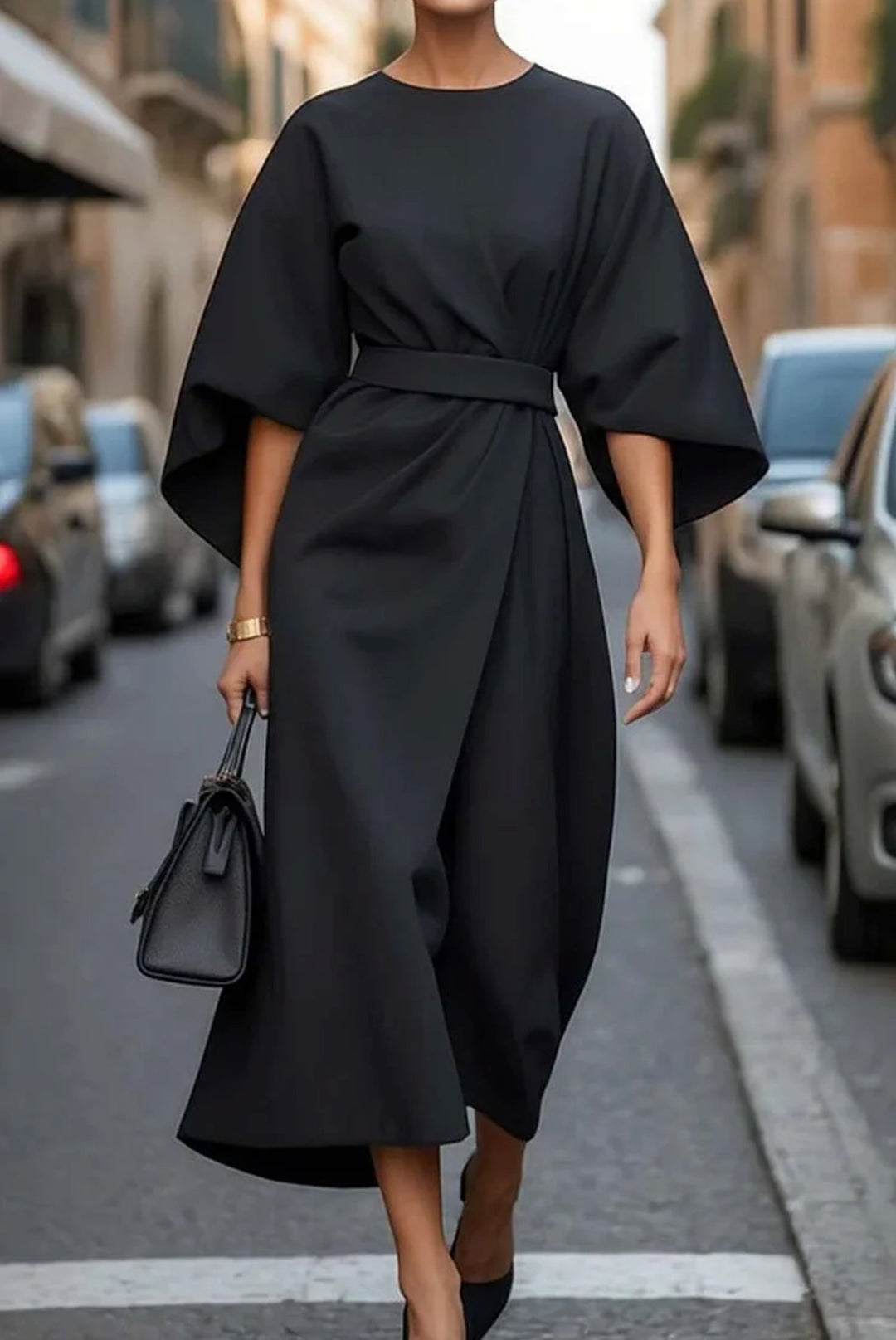 Plus Size Kleid Laterne Ärmel Midi Elegant Schwarz - Black