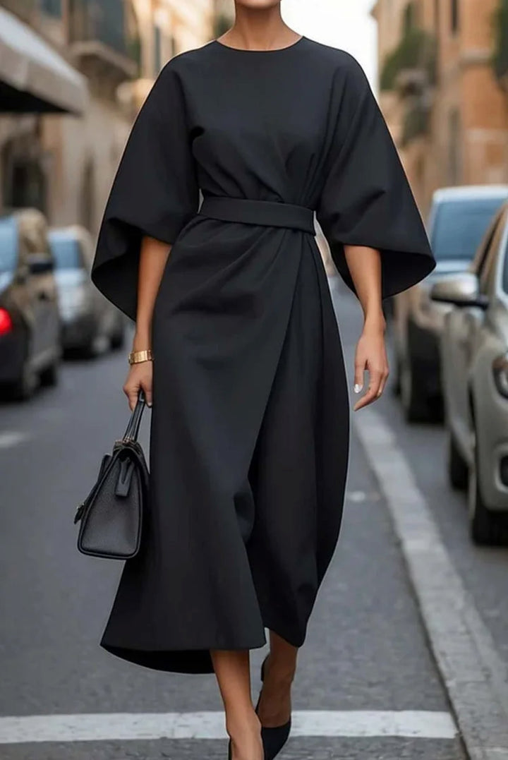 Plus Size Kleid Laterne Ärmel Midi Elegant Schwarz - Black