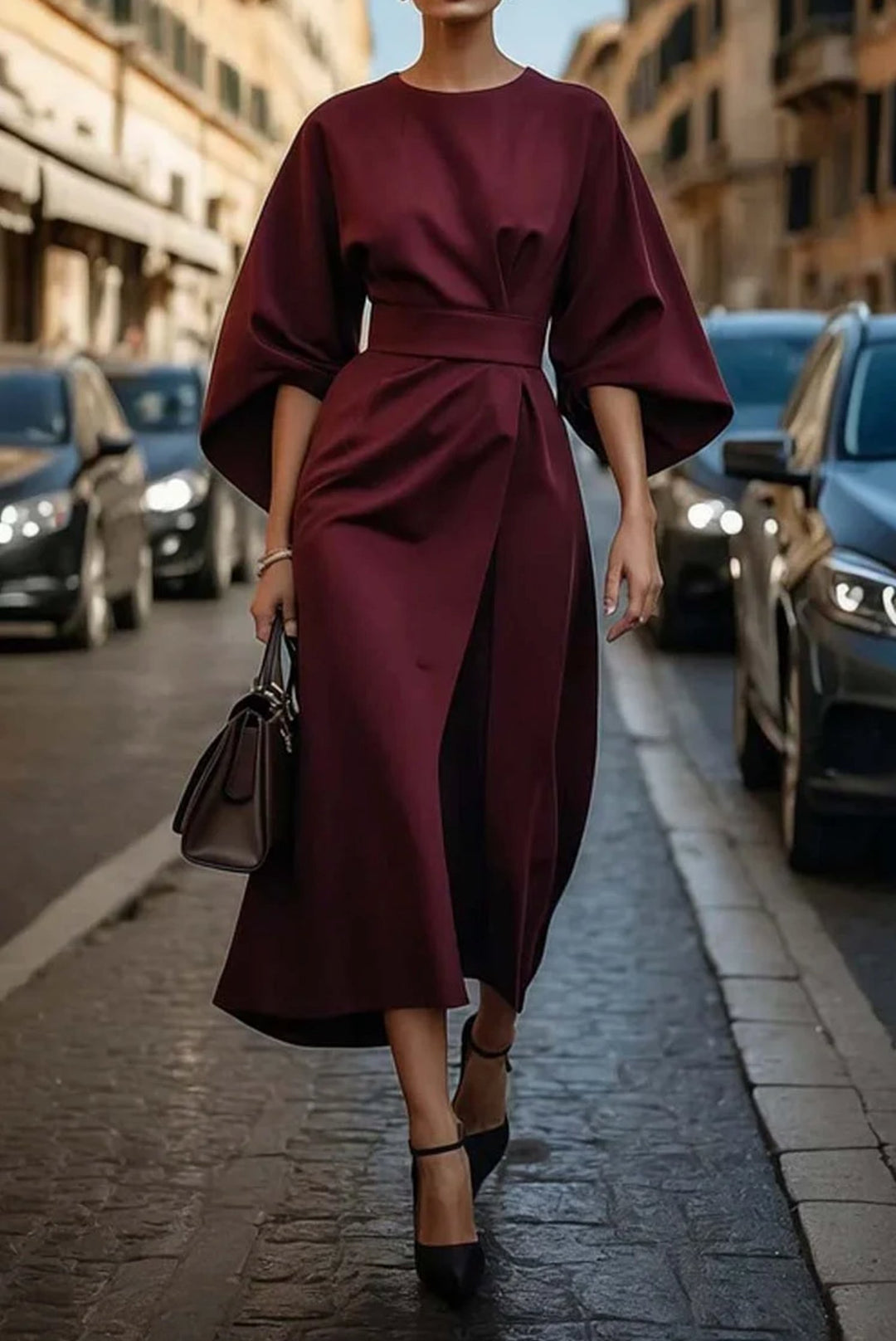 Plus Size Kleid Laterne Ärmel Midi Elegant Schwarz - Burgundy