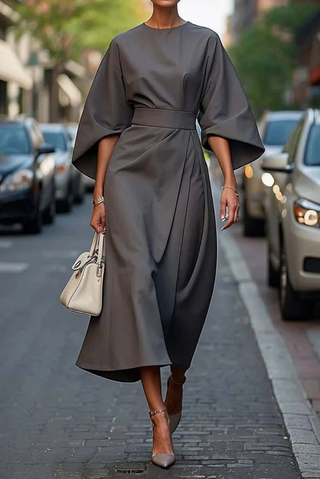Plus Size Kleid Laterne Ärmel Midi Elegant Schwarz - Gray