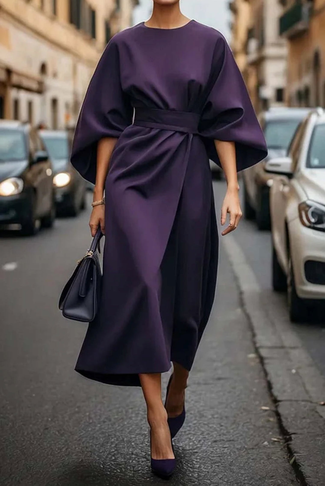 Plus Size Kleid Laterne Ärmel Midi Elegant Schwarz - Purple