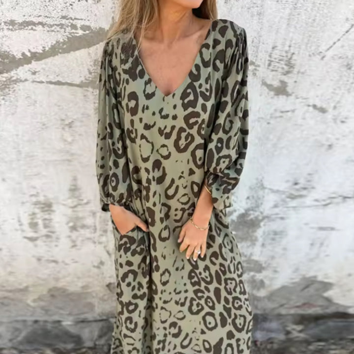 Plus Size Kleid Leopard Print V-Ausschnitt Langarm - Khaki
