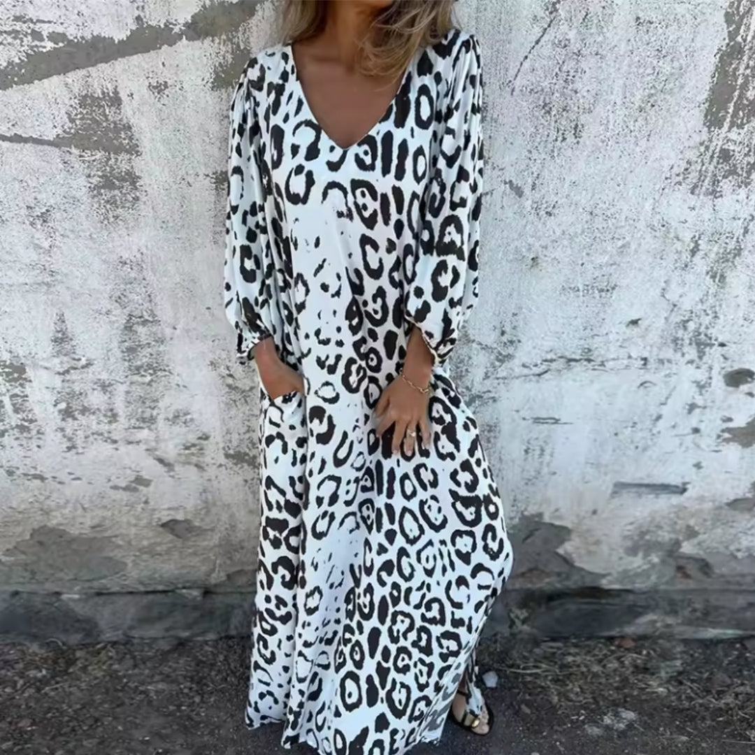 Plus Size Kleid Leopard Print V-Ausschnitt Langarm - White