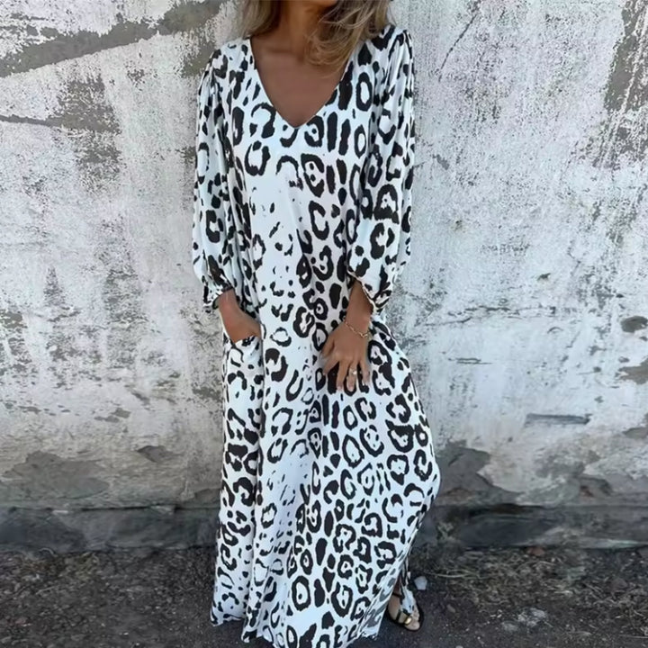 Plus Size Kleid Leopard Print V-Ausschnitt Langarm - White