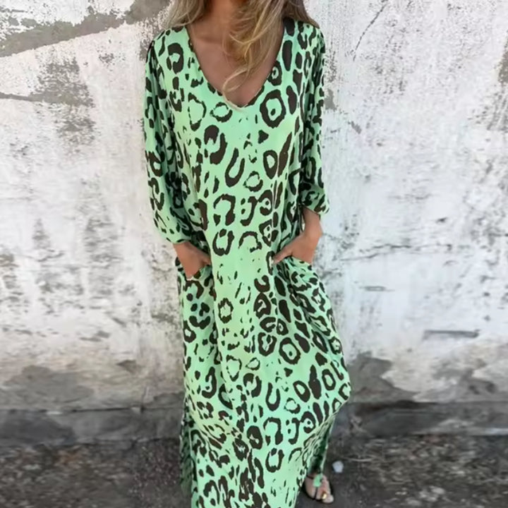 Plus Size Kleid Leopard Print V-Ausschnitt Langarm - Green