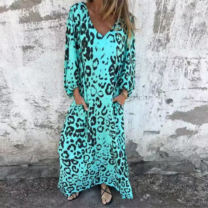 Plus Size Kleid Leopard Print V-Ausschnitt Langarm - Turquoise
