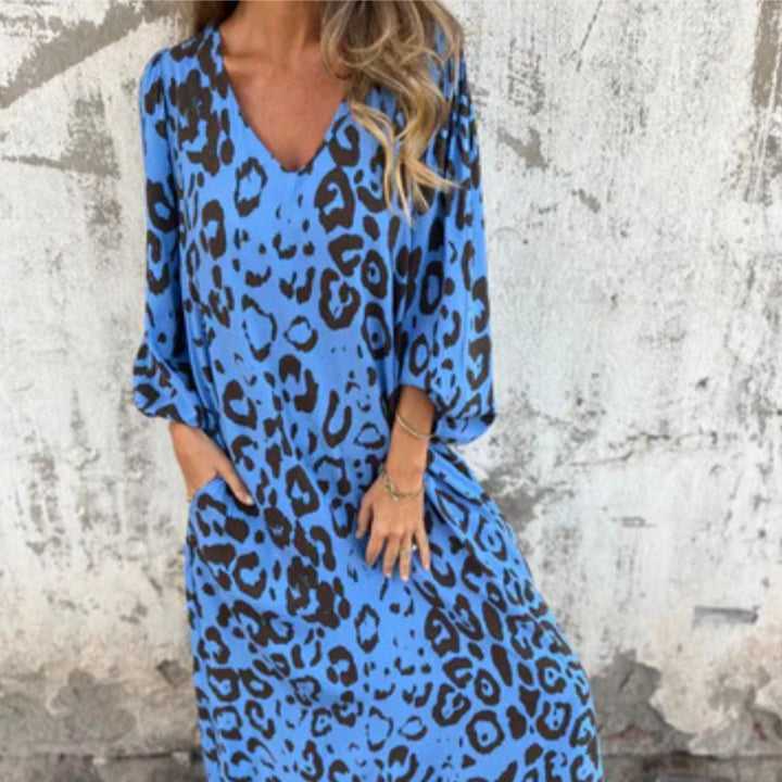 Plus Size Kleid Leopard Print V-Ausschnitt Langarm