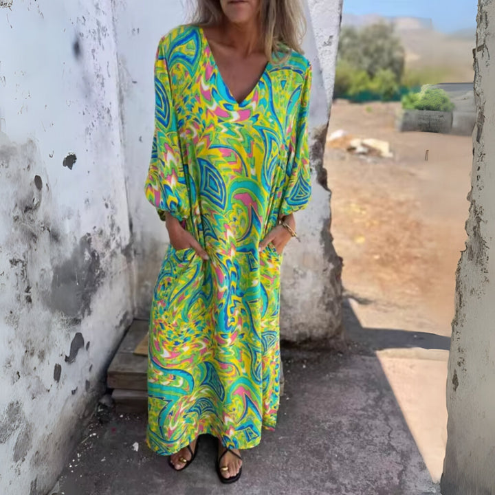 Plus Size Kleid Leopard Print V-Ausschnitt Langarm - Multi Color Green