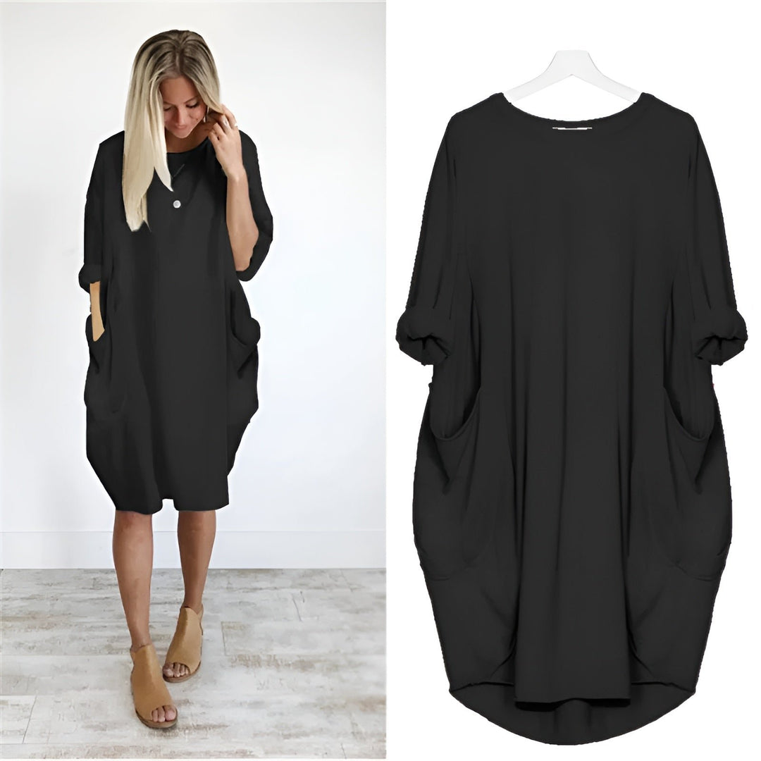 Plus Size Kleid mit Taschen Locker Sitzend Elegant - Black