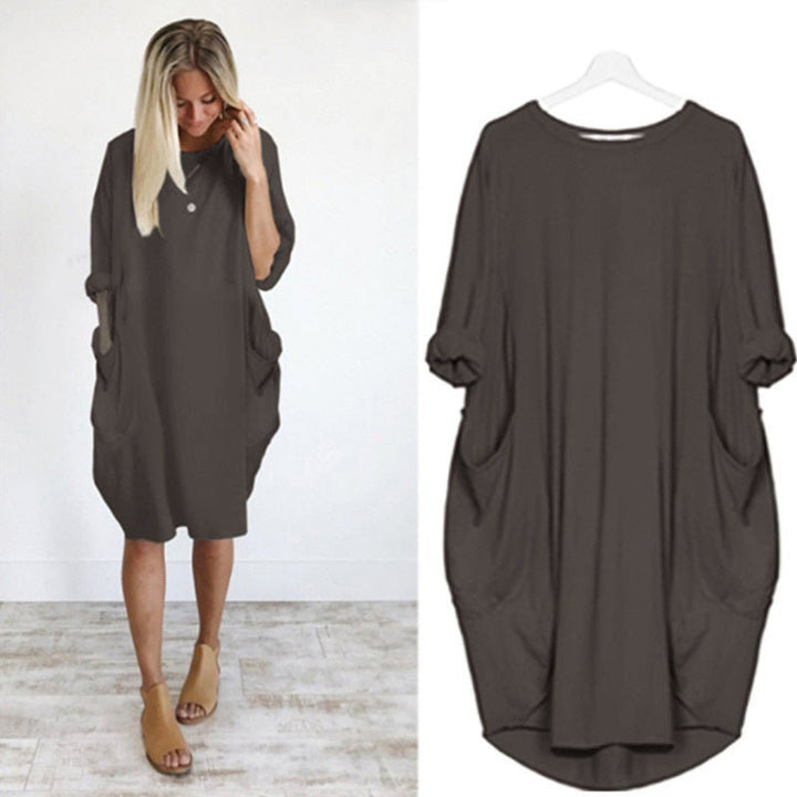 Plus Size Kleid mit Taschen Locker Sitzend Elegant - Dark Brown