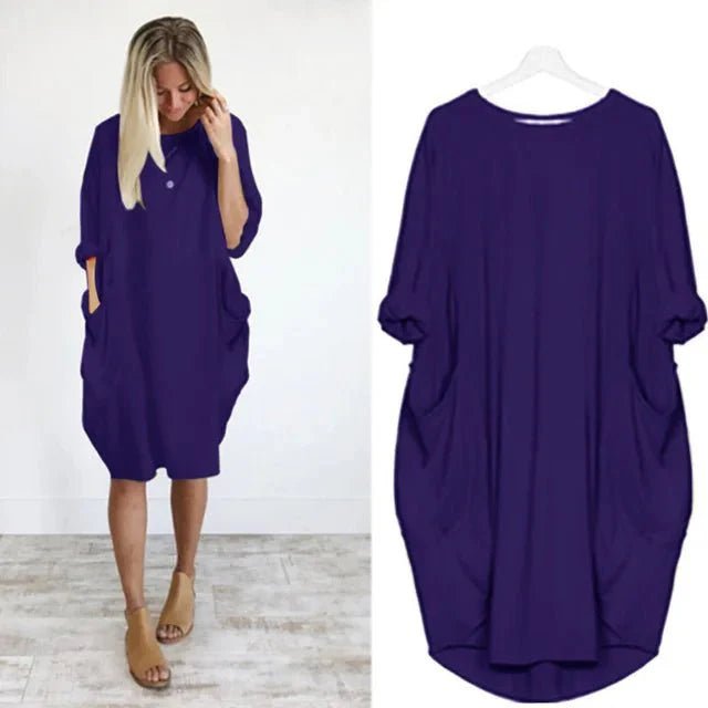 Plus Size Kleid mit Taschen Locker Sitzend Elegant - Blue