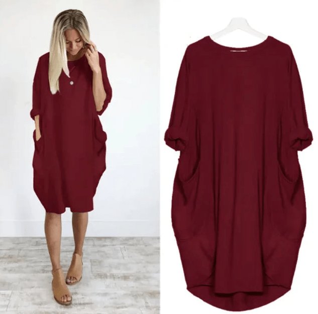 Plus Size Kleid mit Taschen Locker Sitzend Elegant - Dark Red