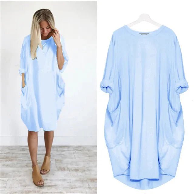 Plus Size Kleid mit Taschen Locker Sitzend Elegant - Light Blue
