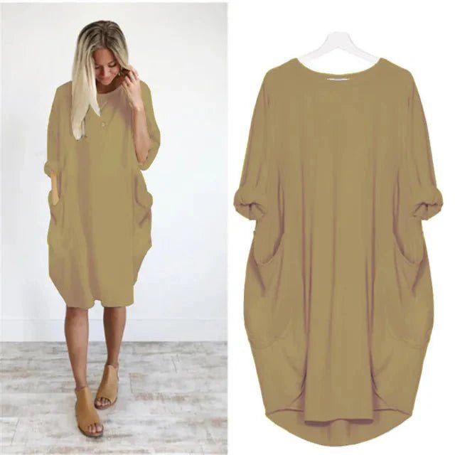 Plus Size Kleid mit Taschen Locker Sitzend Elegant - Khaki