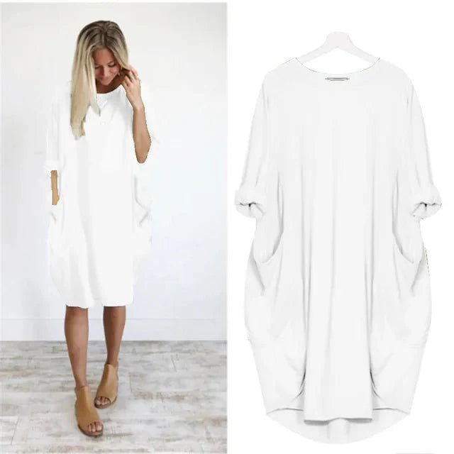 Plus Size Kleid mit Taschen Locker Sitzend Elegant - White