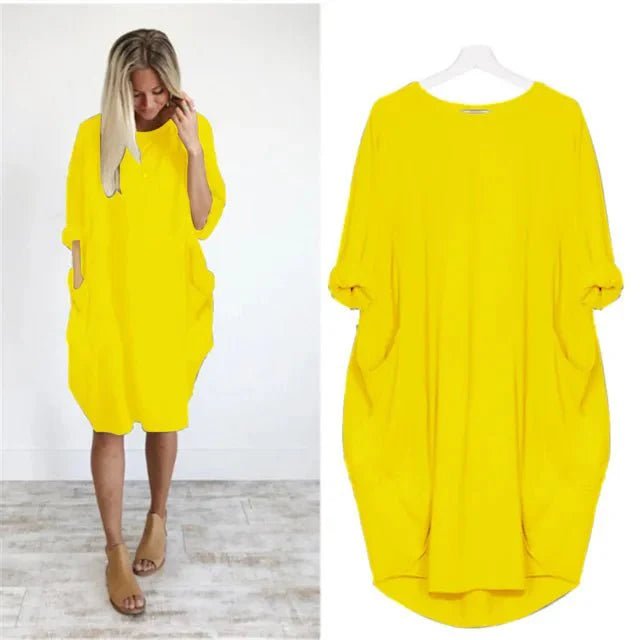 Plus Size Kleid mit Taschen Locker Sitzend Elegant - Yellow