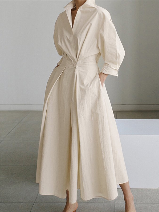Plus Size Maxi Kleid Hemdkleid mit Gürtel Langarm - Beige