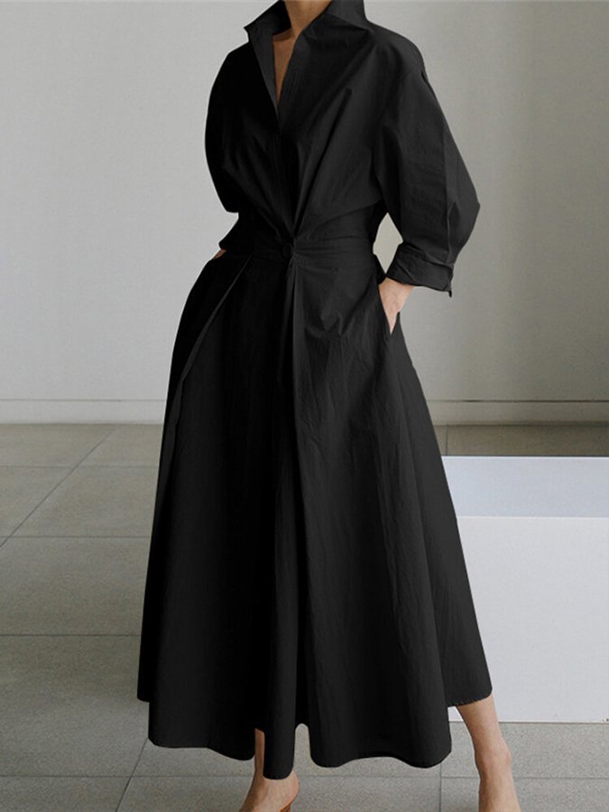 Plus Size Maxi Kleid Hemdkleid mit Gürtel Langarm - Black