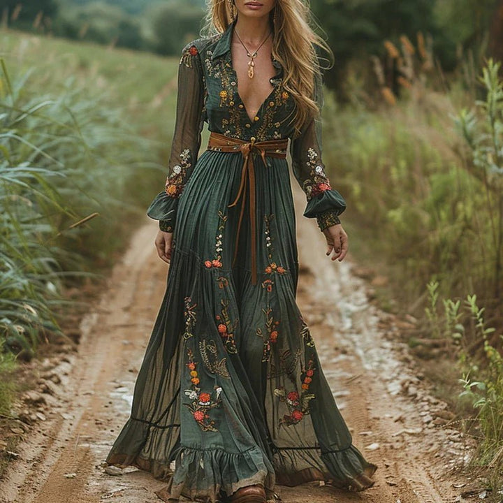 Plus Size Maxikleid Blumenmuster V-Ausschnitt Bohemian Langarm - Green (Almost Sold Out)