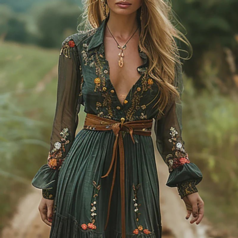 Plus Size Maxikleid Blumenmuster V-Ausschnitt Bohemian Langarm
