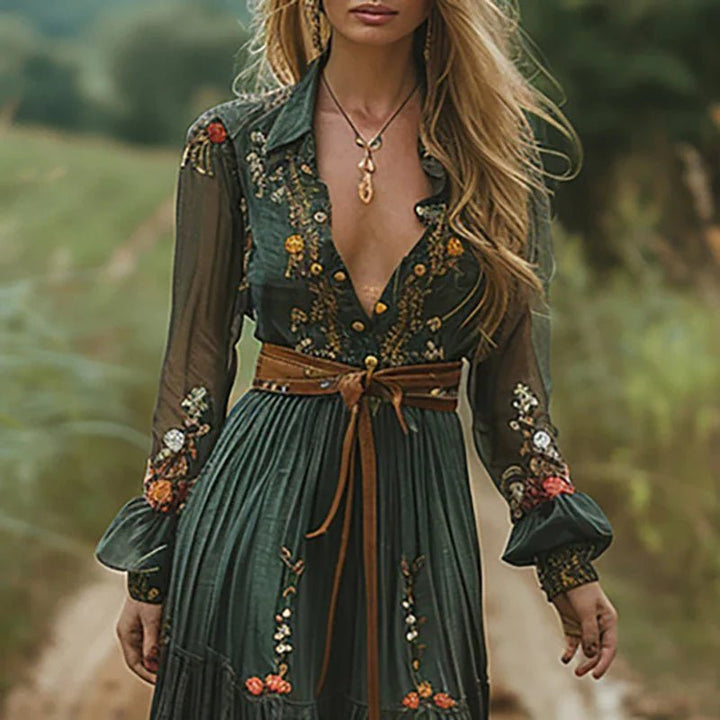 Plus Size Maxikleid Blumenmuster V-Ausschnitt Bohemian Langarm