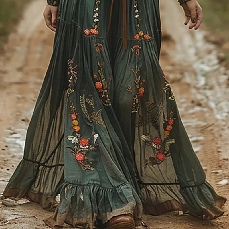 Plus Size Maxikleid Blumenmuster V-Ausschnitt Bohemian Langarm