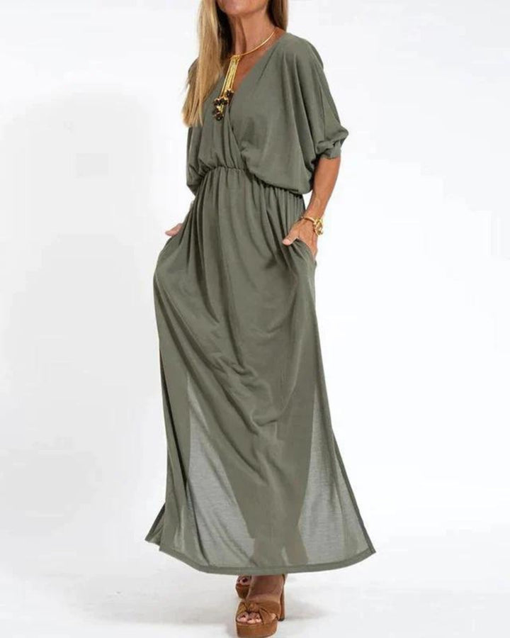 Plus Size Maxikleid Langarm V-Ausschnitt Tailliert Sommer - Army Green
