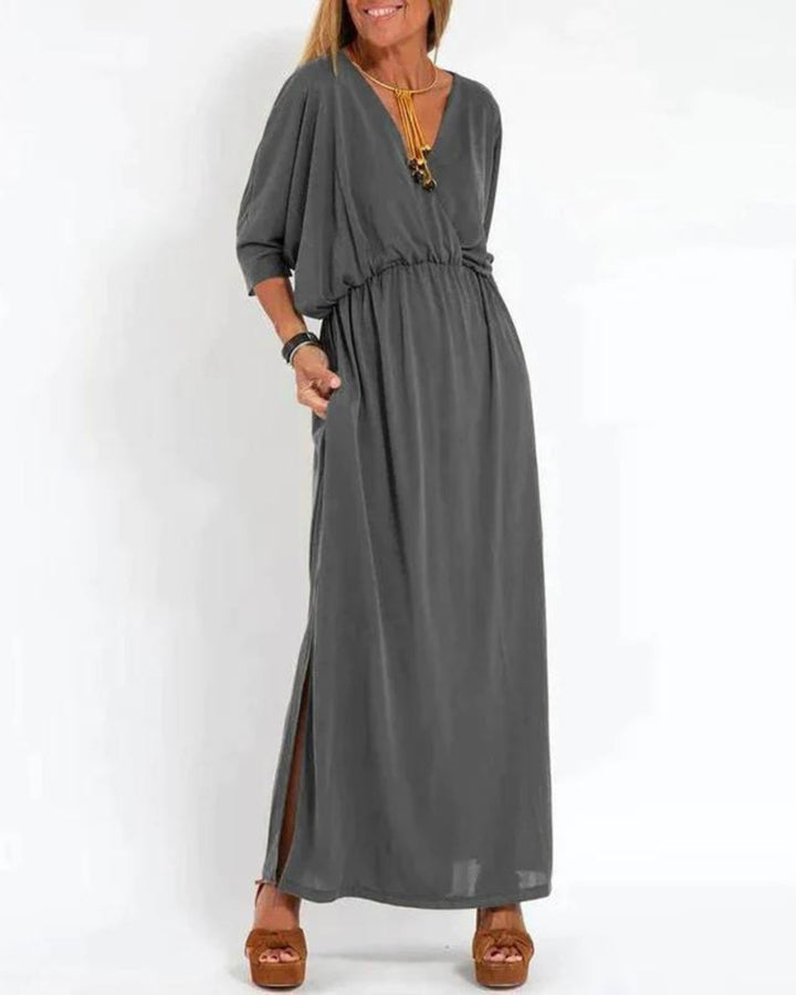 Plus Size Maxikleid Langarm V-Ausschnitt Tailliert Sommer - Gray