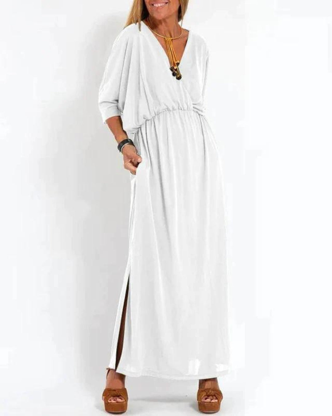 Plus Size Maxikleid Langarm V-Ausschnitt Tailliert Sommer - White