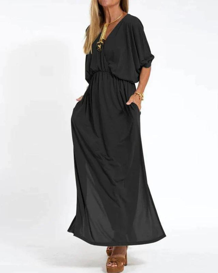 Plus Size Maxikleid Langarm V-Ausschnitt Tailliert Sommer - Black