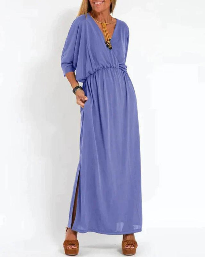 Plus Size Maxikleid Langarm V-Ausschnitt Tailliert Sommer - Blue