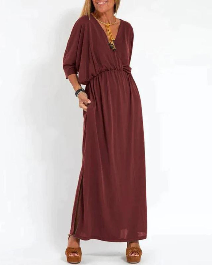 Plus Size Maxikleid Langarm V-Ausschnitt Tailliert Sommer - Red