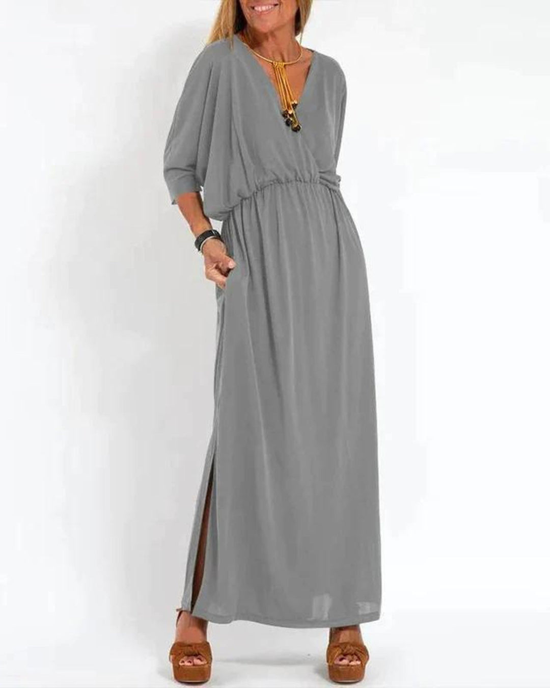 Plus Size Maxikleid Langarm V-Ausschnitt Tailliert Sommer - Light Gray