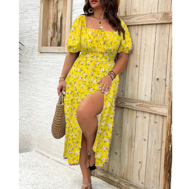 Plus Size Maxikleid Puffärmel Elegant Festlich - Yellow