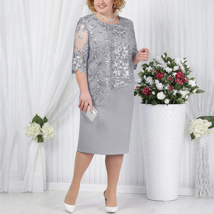 Plus Size Midi Kleid Spitze Blumen Elegant Festlich - Grey