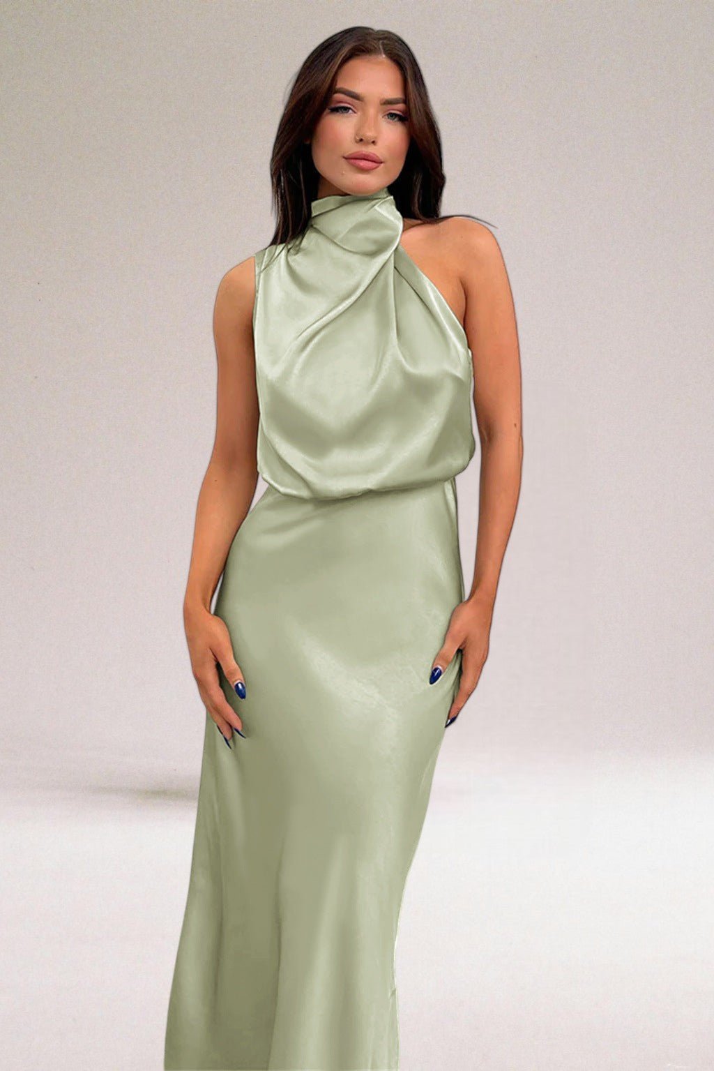 Plus Size Neckholder Kleid Elegant Satin Abendkleid Lang - Light Green