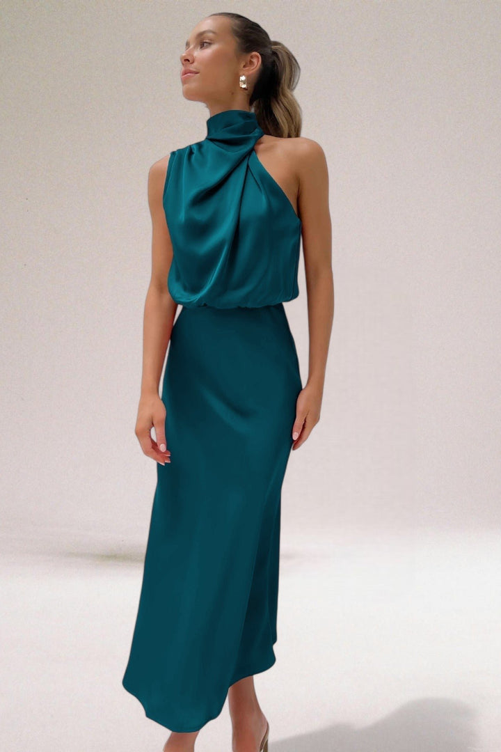 Plus Size Neckholder Kleid Elegant Satin Abendkleid Lang - Aqua Green