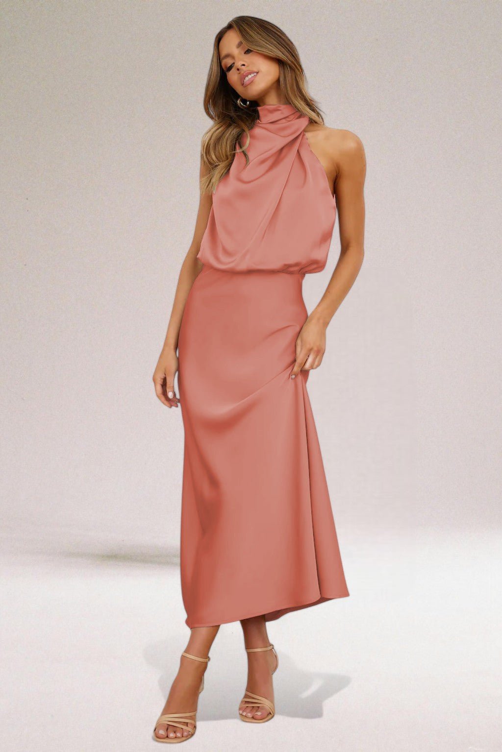 Plus Size Neckholder Kleid Elegant Satin Abendkleid Lang - Mauve