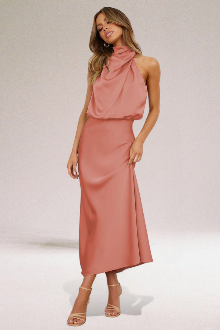 Plus Size Neckholder Kleid Elegant Satin Abendkleid Lang - Mauve